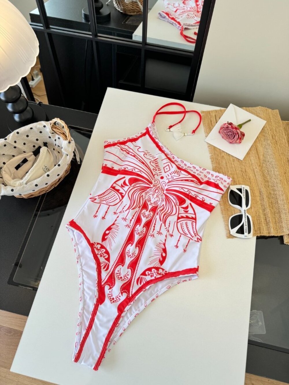 Versace Red and White Pattern One-Shoulder One-Piece Swimsuit - Picture 2 of 9